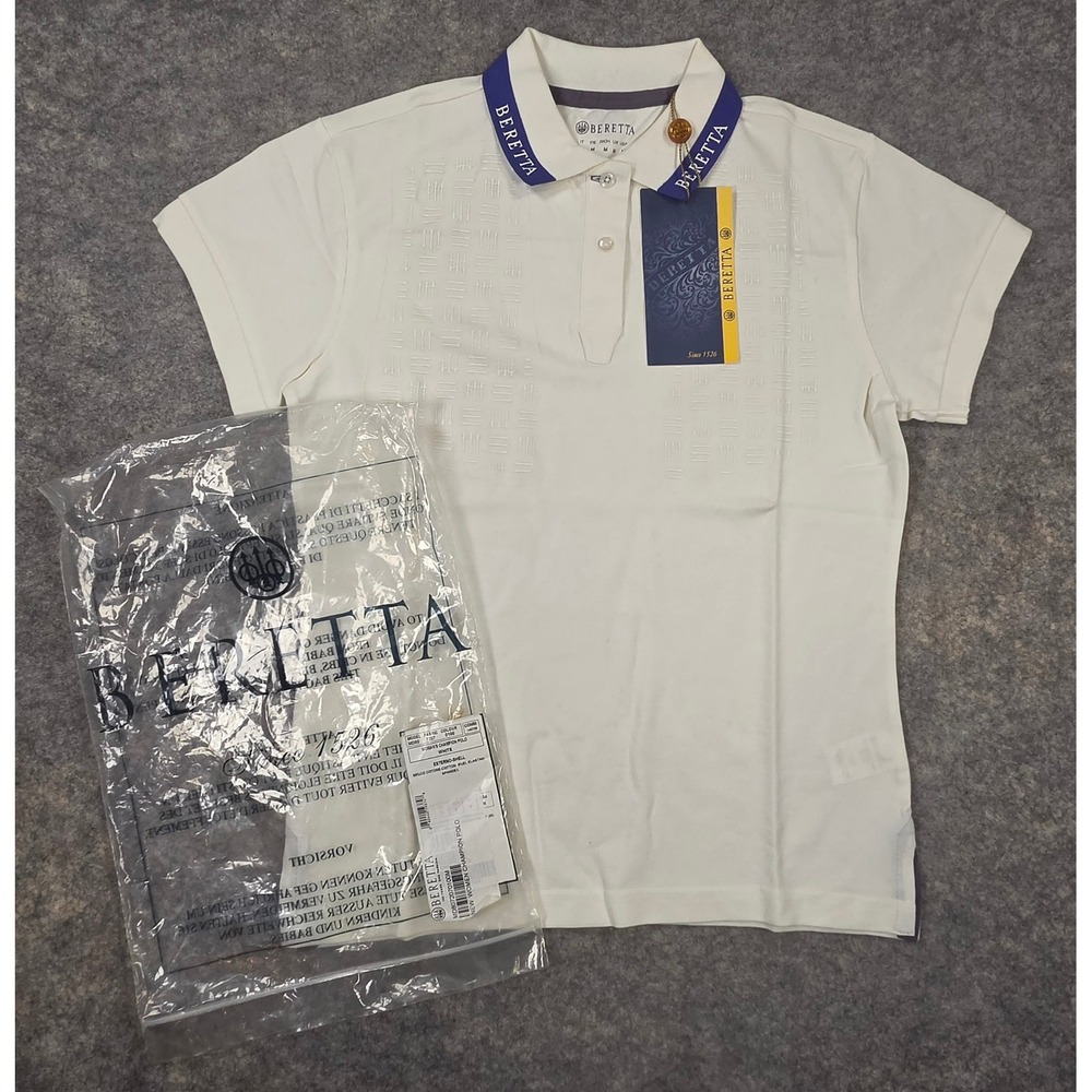 Beretta Women Champion Polo Shirt White Blue Collar Size Medium NEW NWT